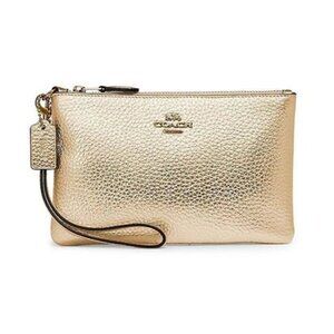 Coach Metallic Small Wristlet Soft Gold Wrist Strap Leather Bag Zip Clutch - New
